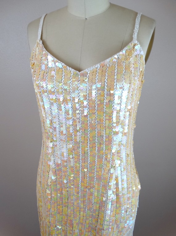 Iridescent Fringe Beaded Sequined Dress • Ivory S… - image 2