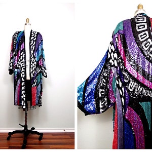 INCREDIBLE Fully Sequined Duster / Retro Embellished Long Jacket / Bright Sequin Embellished Kimono Sleeve Coat O/S