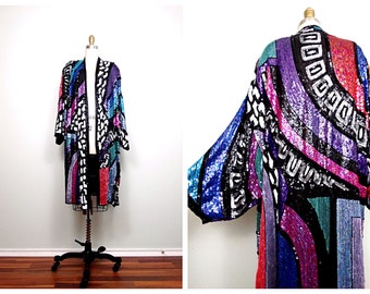 INCREDIBLE Fully Sequined Duster / Retro Embellished Long Jacket / Bright Sequin Embellished Kimono Sleeve Coat O/S