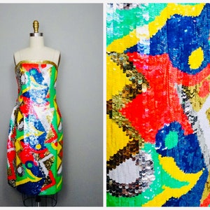 80s Designer Couture Neon Sequined Dress // 1980&#39;s Fluorescent Sequin Embellished Dress by Ann Lawrence