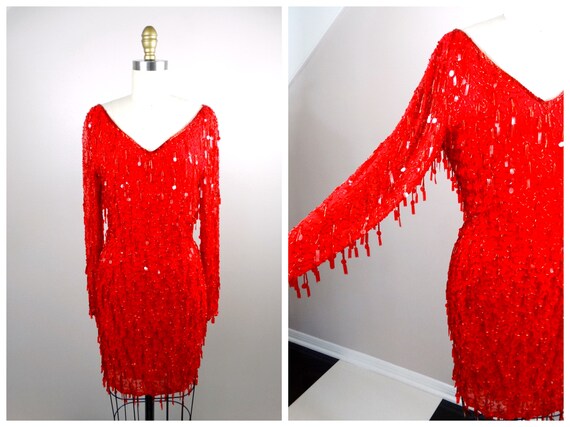 Paillette Fringe Beaded Sequined Dress / Couture … - image 4