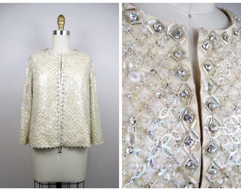 50s 60s Rhinestone Encrusted Ivory Sequined Cardigan / 1950’s 1960’s Iridescent Sequin Silk Cardigan / Paillette Sequined Shrug