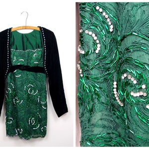80s 90s Emerald Green Embroidered Rhinestone Beaded Cocktail Dress / Dark Green Crystal Beaded Dress and Velvet Bolero Shrug
