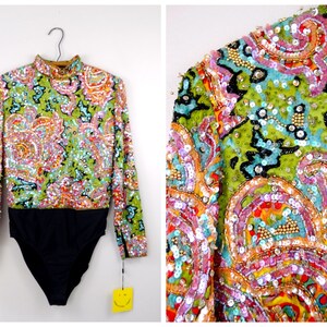 M/L Beaded Bodysuit Blouse // Fully Beaded Top // Vintage Sequin Beaded High Neck Blouse // Colorful Sequined Beaded Unitard Leotard