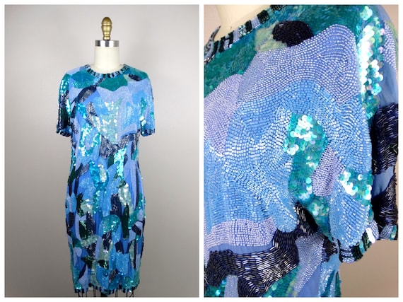HEAVY Beaded Dress / Periwinkle Blue Purple and Iridescent Green 