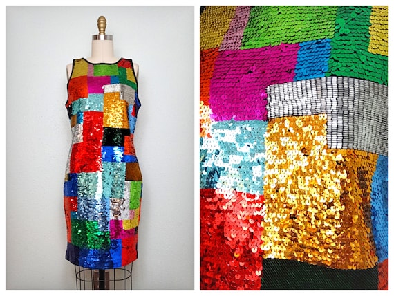 S/M Retro Color Block Beaded Dress / Rainbow Sequ… - image 1