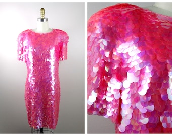 S/M Pink Paillette Sequined Dress // Pastel Pink Sequin Embellished Dress // Paillettes Sequined Party Dress