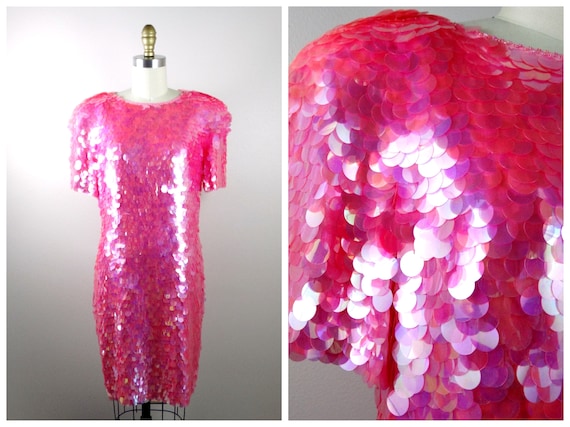 S/M Pink Paillette Sequined Dress // Pastel Pink … - image 1