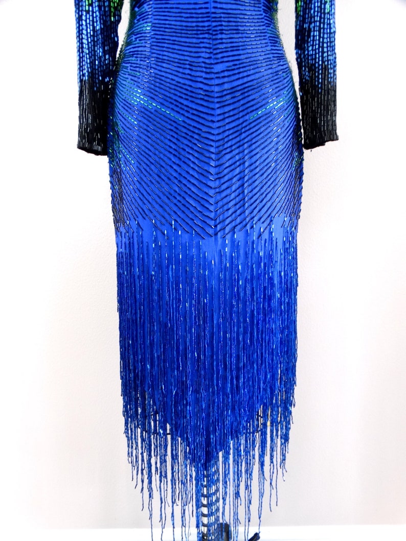 S/M Fringe Beaded Ball Gown // Long Royal Blue Fringed Beaded Etsy