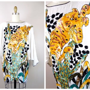 RARE Dolman Sequin Mini Dress // Oversized Slouchy Batwing Sequined Wild Cat Jewel Embellished Tunic