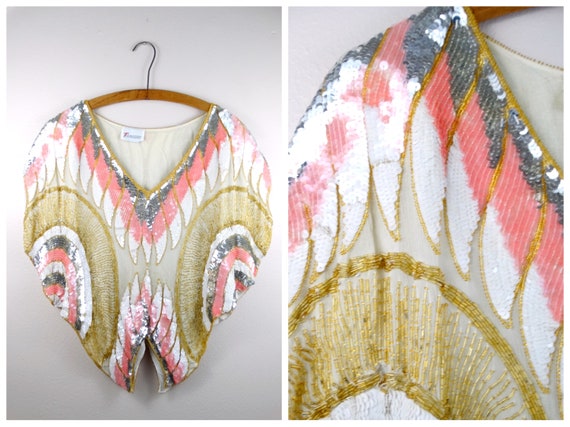 VTG Batwing Sequin Top // Pink White & Gold Beaded
