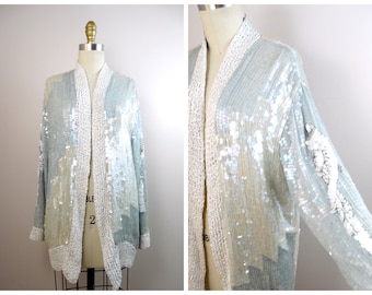 70s Iridescent Sequin Beaded Long Cardigan // Pastel Paillette Sequined Oversized Shrug  by Judith Ann