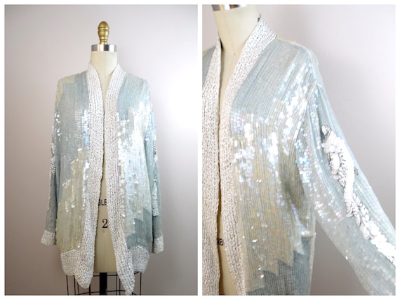 70s Iridescent Sequin Beaded Long Cardigan // Pas… - image 1
