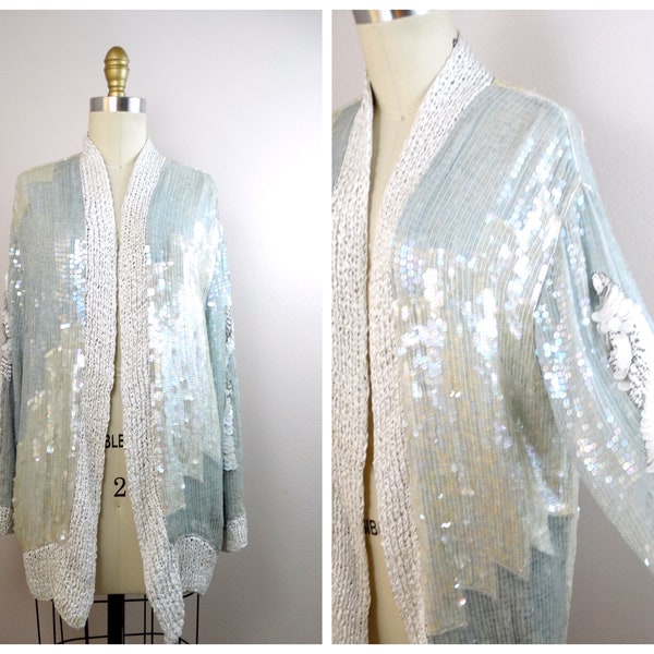 70s Iridescent Sequin Beaded Long Cardigan // Pastel Paillette Sequined Oversized Shrug  by Judith Ann