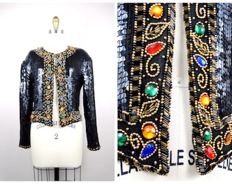 Jewel Embellished Evening Shrug / Black and Gold Beaded Sequin Bolero / Jeweled Cropped Bolero Jacket