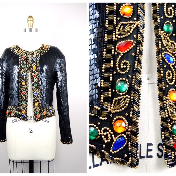 Jewel Embellished Evening Shrug / Black and Gold Beaded Sequin Bolero / Jeweled Cropped Bolero Jacket