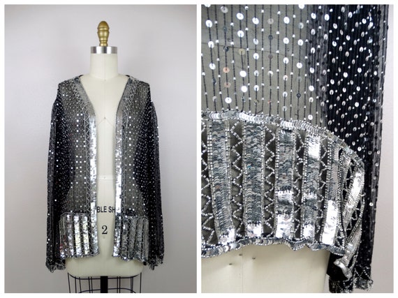 Art Deco Reflective Sequin Shrug // Sheer Black S… - image 2