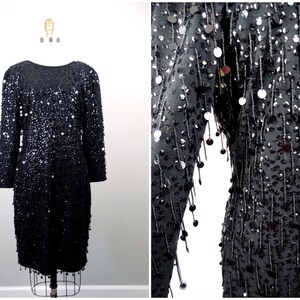 M/L Paillette Sequin Fringe Dress // Fully Beaded Black Sequined Dress // Little Black Party Dress