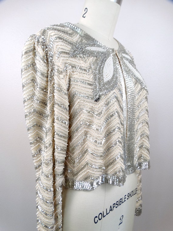 Vintage Pearl Beaded Bolero // Cream Silk Silver … - image 4