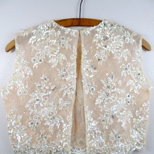 50s 60s Crystal Rhinestone Beaded Bolero Vest // Ivory Cream Lace Iridescent Sequin Embellished Bridal Crop Top w/ Jewels image 2