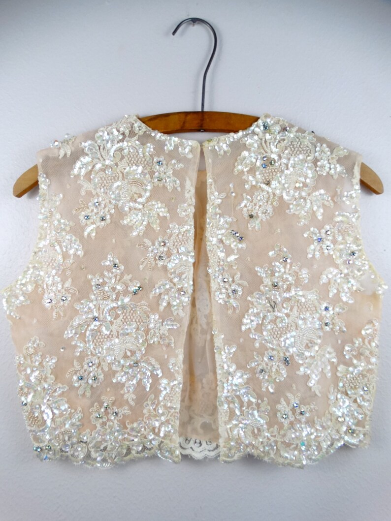 50s 60s Crystal Rhinestone Beaded Bolero Vest // Ivory Cream Lace Iridescent Sequin Embellished Bridal Crop Top w/ Jewels image 2