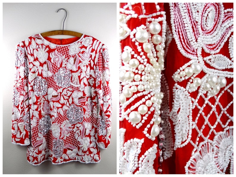 Heavy Pearl Beaded Blouse Bright White Pearl Embellished Red Silk Top Art Deco Beaded Sequined Top