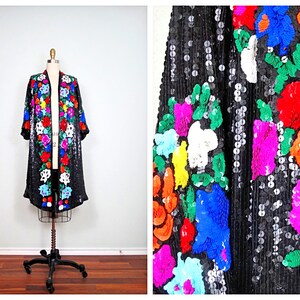 RARE Bright Sequin Duster Jacket / Colorful Vintage Floral Open Kaftan / Boho Rainbow Floral Sequin Embellished Kimono