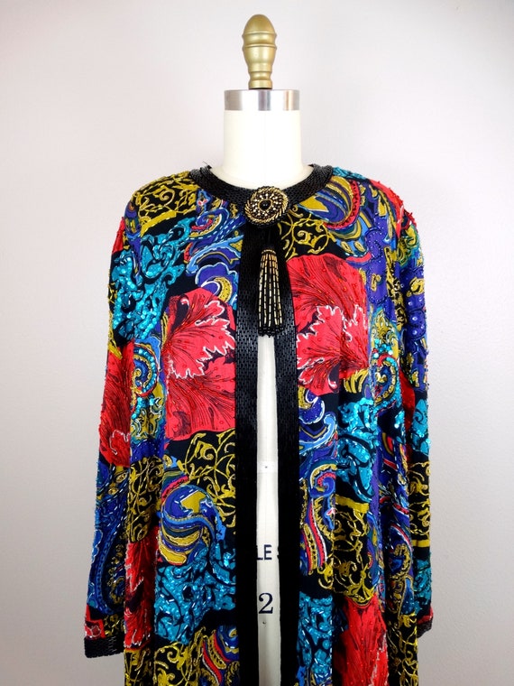 Ornate Vintage Sequin Swing Coat / Red Turquoise … - image 2