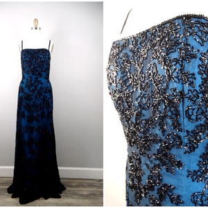 90s Y2K Teal Blue Beaded Gown • 1990&#39;s 2000&#39;s Vintage Prom Dress