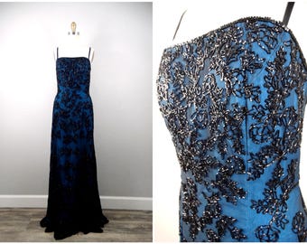 90s Y2K Teal Blue Beaded Gown • 1990's 2000's Vintage Prom Dress