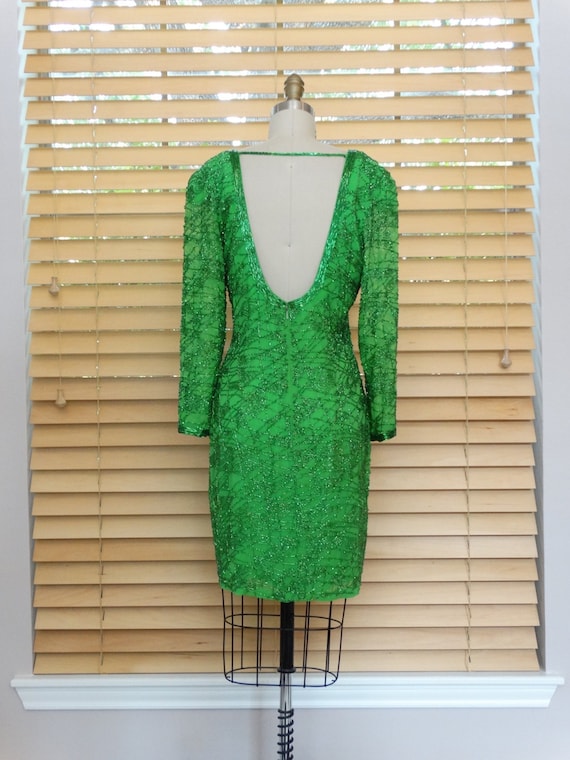 S/M Bright Beaded Mini Dress // Kelly Green Fully… - image 4