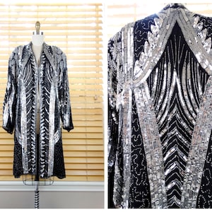 VTG Sequin Beaded Duster Coat / Bohemian Novelty Open Kaftan / Black and Silver Sequined Kimono Sleeve Jacket O/S