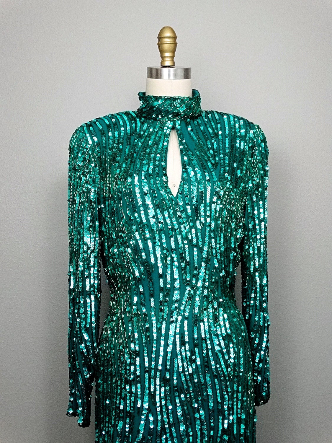 Dazzling Jade Sequin Dress / Green Beaded Sequined High Neck Long Sleeved Trophy Dress