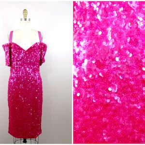 80s 90s Hot Pink Sequin Dress / Bright Sequined Cocktail Party Dress / BRAXAE Vintage Co.