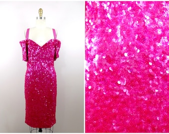 80s 90s Hot Pink Sequin Dress / Bright Sequined Cocktail Party Dress / BRAXAE Vintage Co.