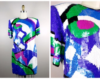 M/L Fully Sequined Mini Dress / 1980s Bright Purple Blue Green and White Sequin Dress