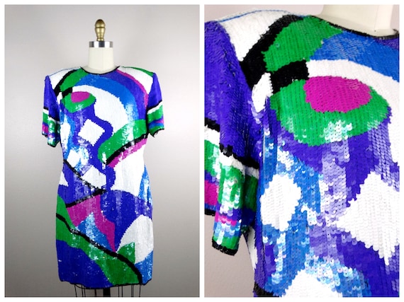 M/L Fully Sequined Mini Dress // 1980s Bright Seq… - image 1