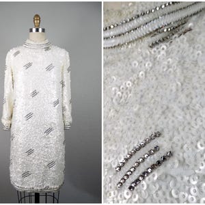 50s 60s Rhinestone Beaded Sequin Dress | 1950&#39;s 1960&#39;s White Crystal Embellished Dress | Midcentury Couture Short Wedding Mini Dress