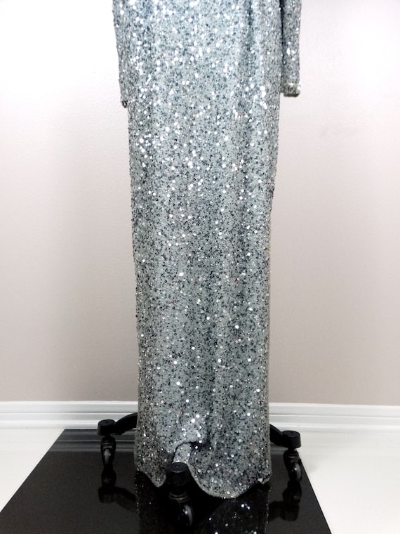 90s Fully Sequined Gown / Silver & Gray Beaded Si… - image 3