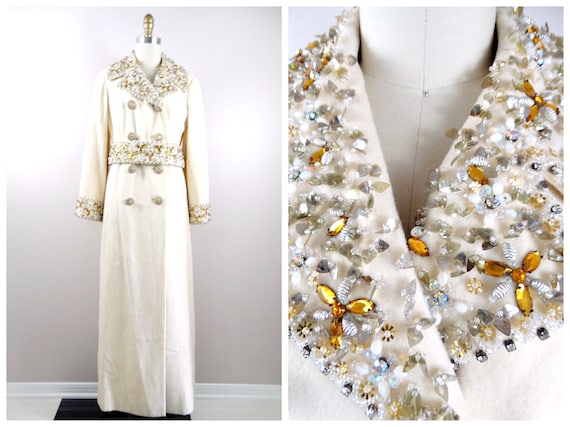 Couture Vintage Crystal Rhinestone Embellished Trench Coat / Princess Dress Coat / Ivory Cream Gold Beaded Floor Length Trench