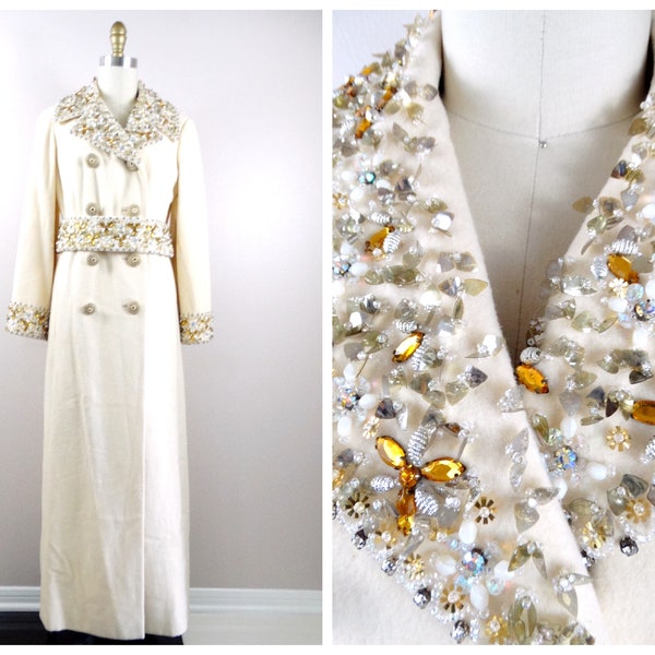 Couture Vintage Crystal Rhinestone Embellished Trench Coat / Princess Dress Coat / Ivory Cream Gold Beaded Floor Length Trench
