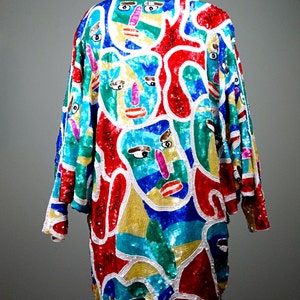 PICASSO Art Sequined Beaded Oversized Mini Dress // RARE Novelty Faces Bright Sequin Dolman Sleeve Top image 4