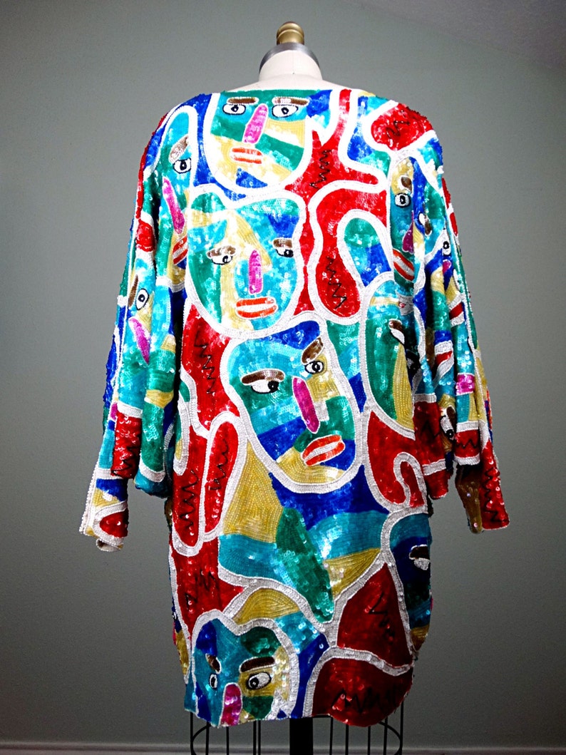 PICASSO Art Sequined Beaded Oversized Mini Dress // RARE Novelty Faces Bright Sequin Dolman Sleeve Top image 4