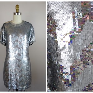 Naeem Khan Sequined Mini Dress / Reflective Silver Hologram Sequin Dress / Vintage Designer Holographic Couture Dress by RIAZEE