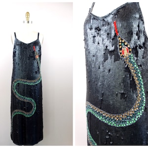 RARE Sequined Snake Dress / Unique Sequin Dress / Matte Black Sequined Embellished Midi Gown