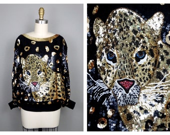 O/S Blue Eyed Leopard Sequin Embellished Top // Vintage Sequined Spotted Cheetah Batwing Dolman Blouse