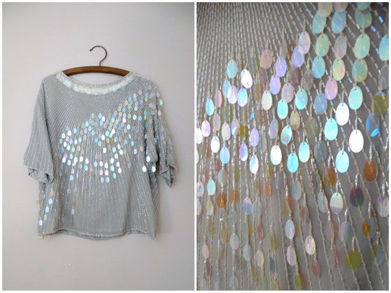 L/XL Iridescent Clear Sequin Top / Boho Glam Gray… - image 1