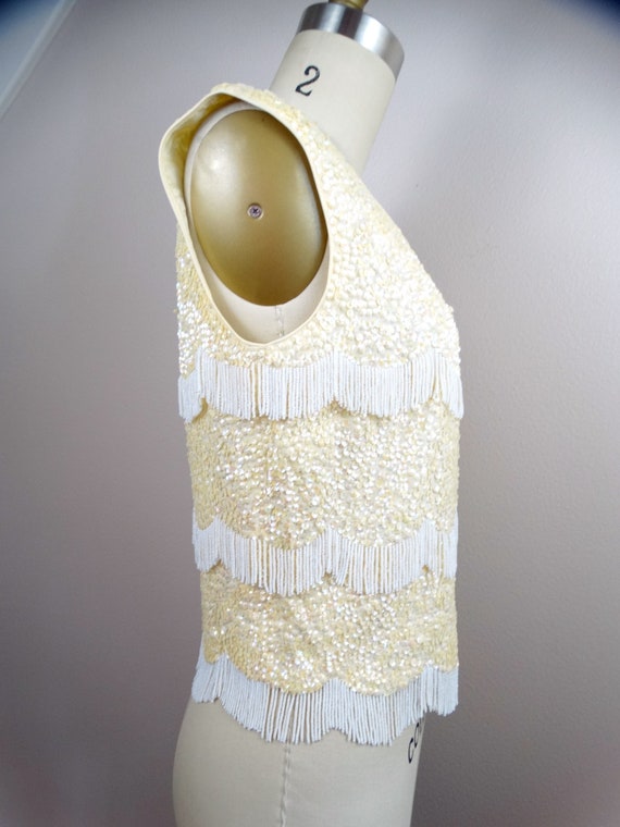 VTG Ivory Sequin White Fringe Beaded Top // 1950s… - image 4