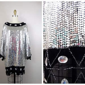 Jewel Beaded Sequined Mini Dress // Black and Mirror Silver Gem Embellished Oversized Tunic Dress or Top