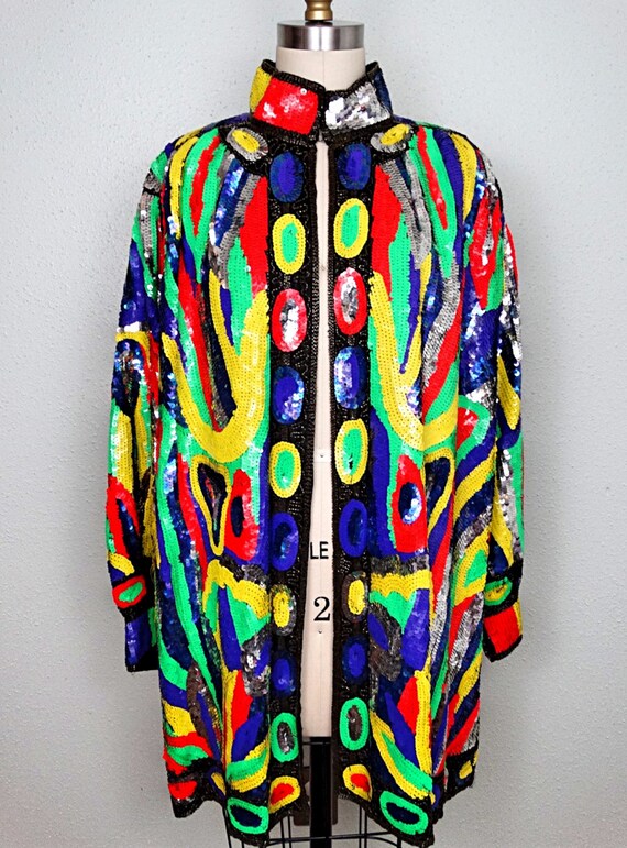 Psychedelic Neon Sequin Plus Size Jacket / Bright… - image 2